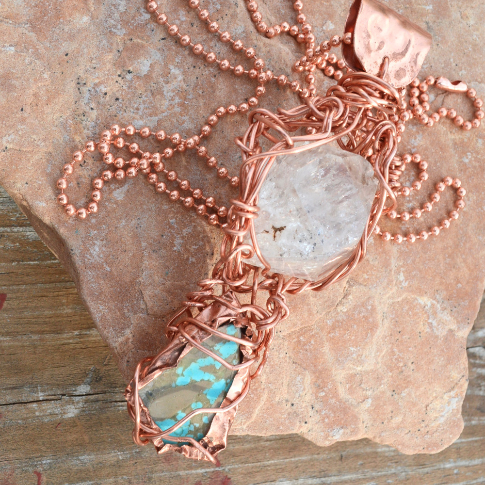 Genuine Turquoise Herkimer Diamond Copper Pendant - Picture 4 of 8